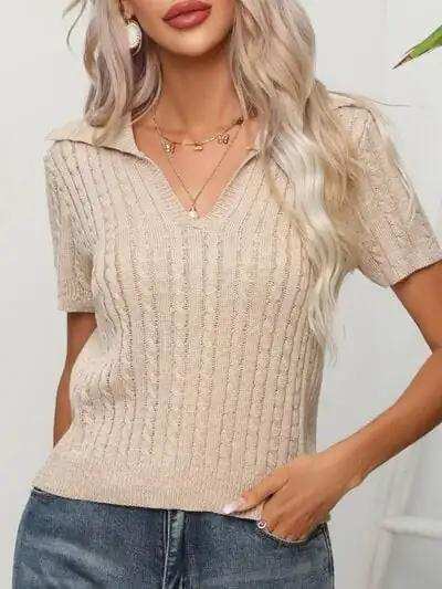 Cable Knit Short Sleeve Top - Trendsi - Flyclothing LLC