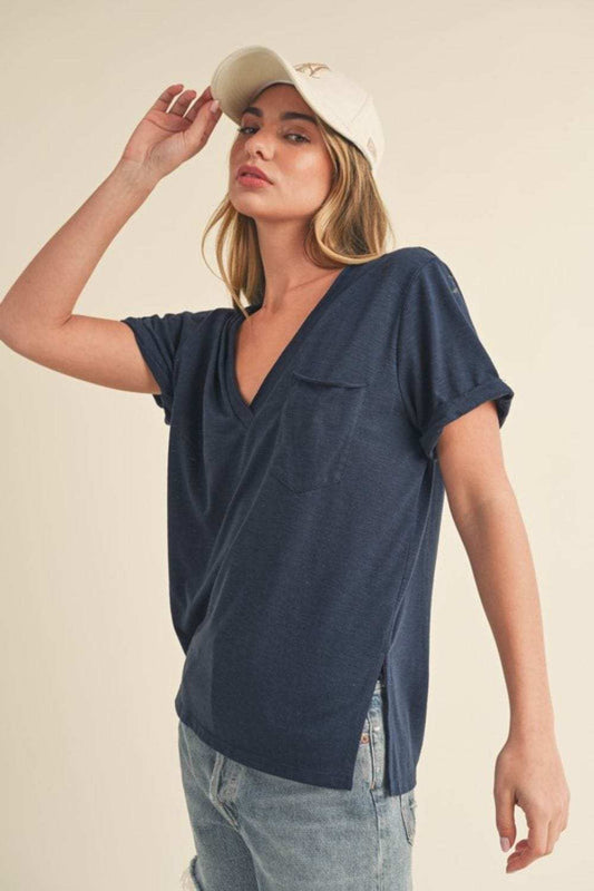 Aemi + Co Side Slit V-Neck Short Rolled Sleeve T-Shirt - Trendsi - Flyclothing LLC