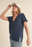 Aemi + Co Side Slit V-Neck Short Rolled Sleeve T-Shirt - Trendsi - Flyclothing LLC