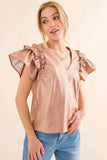 And The Why Faux Leather Ruffle Sleeves V Neck Top - Trendsi - Flyclothing LLC