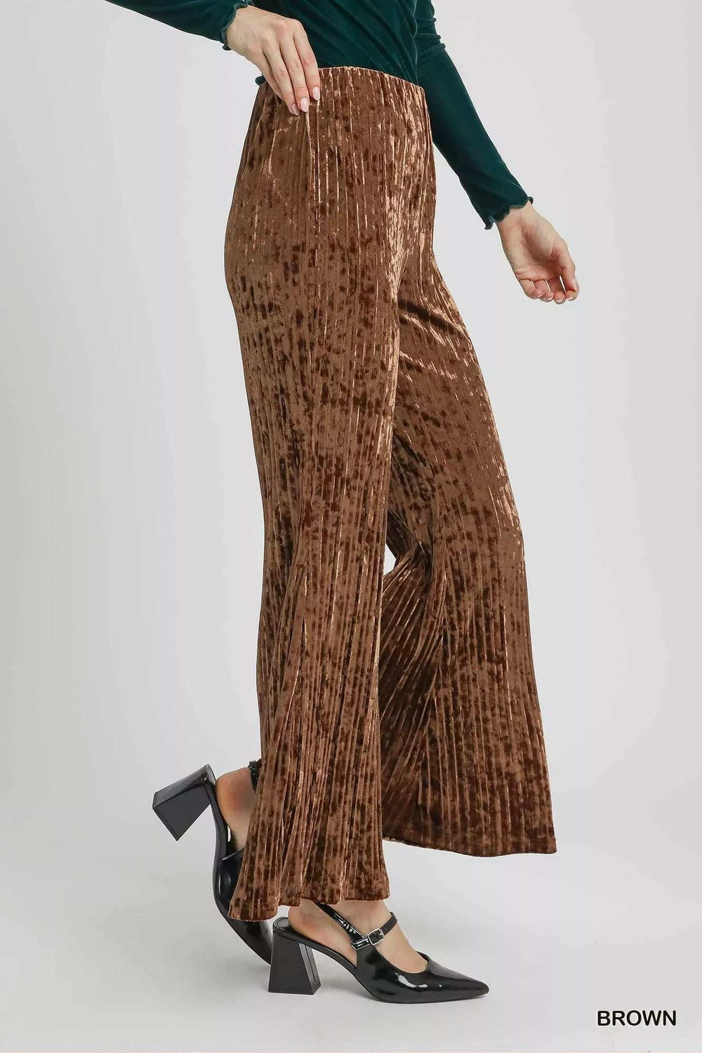 Umgee Velvet Pleated Wide Leg Pants - Trendsi - Flyclothing LLC