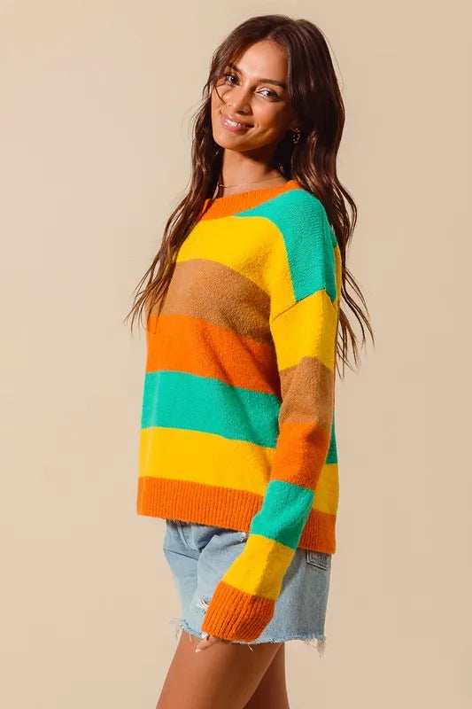 SO ME Multi Color Stripe Sweater with Ribbed Detail - Trendsi - Flyclothing LLC