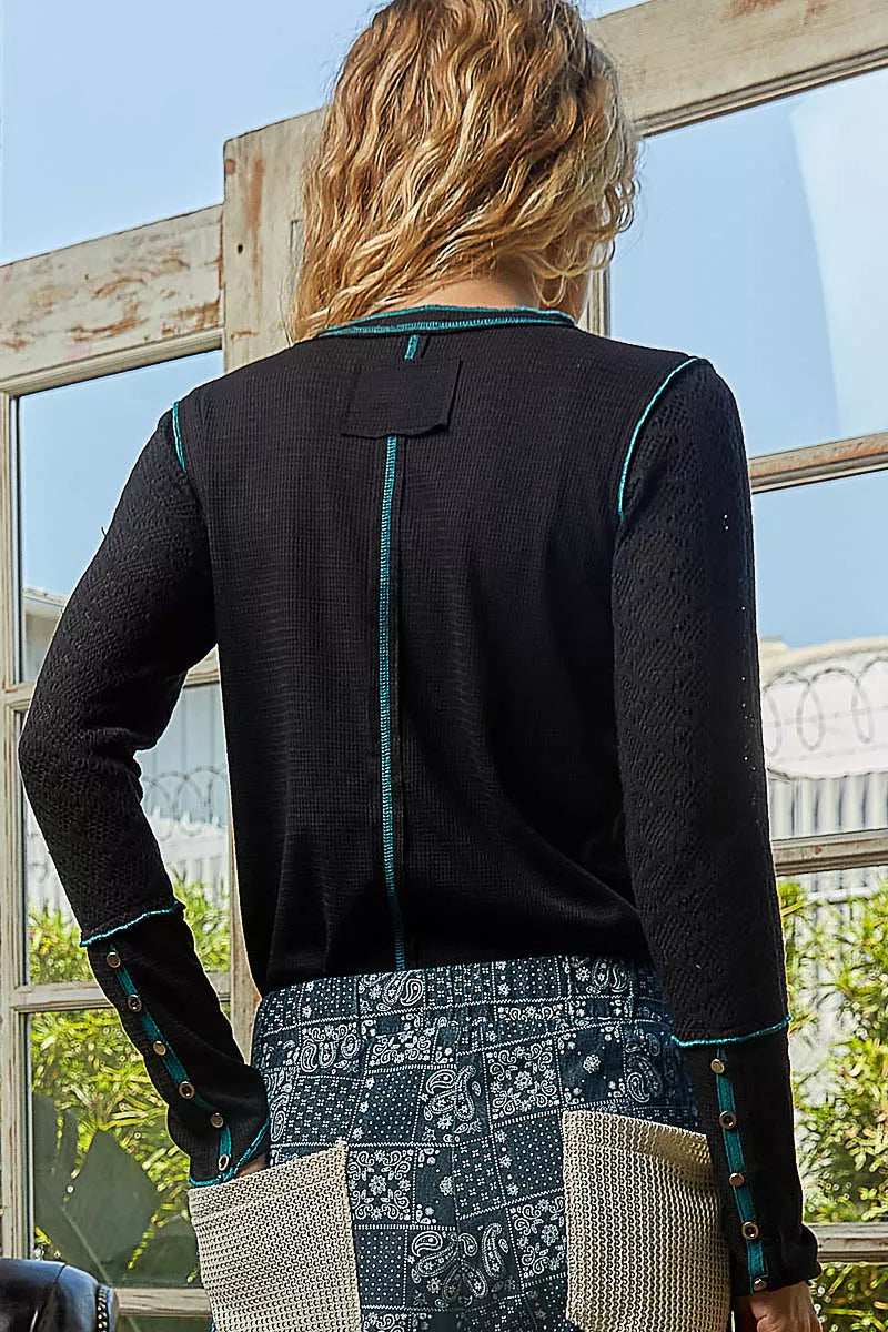 POL Long Sleeve Top with Contrasting Stitching - Trendsi - Flyclothing LLC