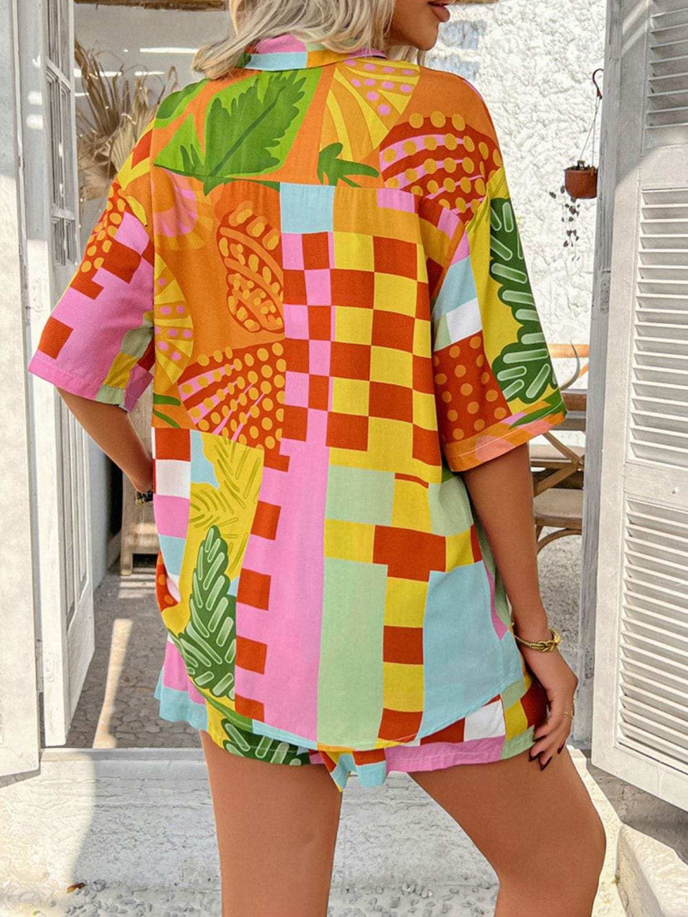 Devine Printed Collared Neck Half Sleeve Top and Shorts Set - Trendsi - Flyclothing LLC