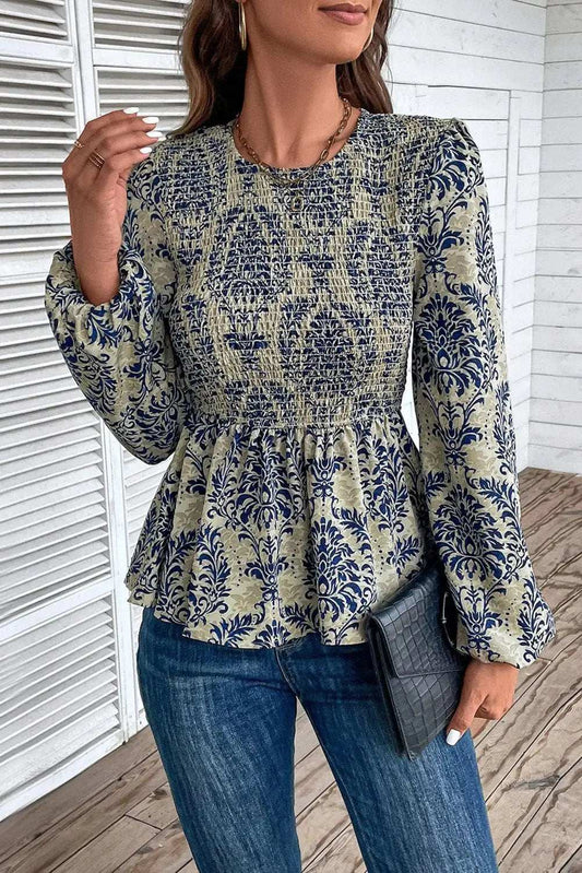 Peplum Printed Round Neck Long Sleeve Blouse - Trendsi - Flyclothing LLC