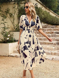 Smocked Printed V-Neck Half Sleeve Midi Dress - Trendsi - Flyclothing LLC