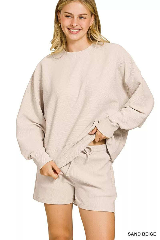 Zenana Ribbed Round Neck Pullover and Shorts Set - Trendsi - Flyclothing LLC