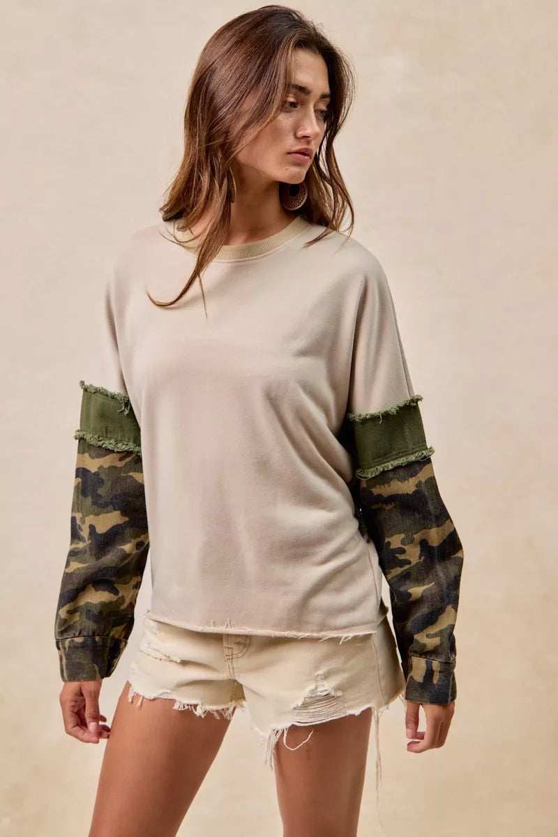 BiBi Camo Sleeve French Terry Top with Frayed Edge - Trendsi - Flyclothing LLC