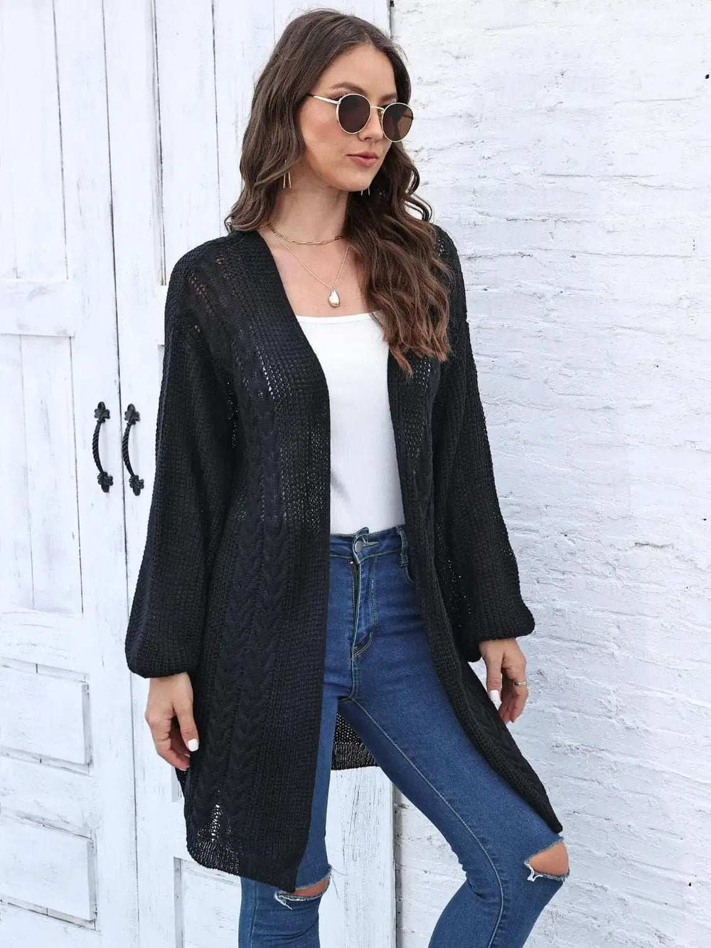 Cable-Knit Open Front Long Sleeve Cardigan - Trendsi - Flyclothing LLC