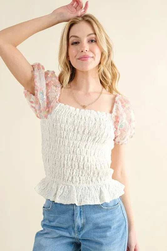 And The Why Embellishment Sleeve Smocked Top - Trendsi - Flyclothing LLC
