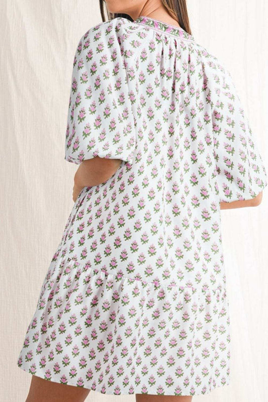Floral Print Puff Sleeve Tie Neck Ruffled Hem Dress - Trendsi - Flyclothing LLC