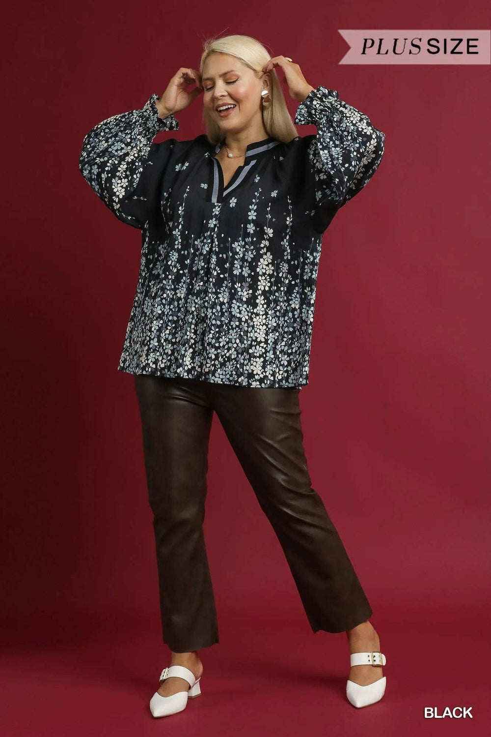 Umgee Full Size Floral Vine Print Blouse with Balloon Sleeves Plus Size - Trendsi - Flyclothing LLC