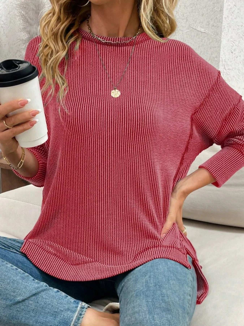 Side Slit Round Neck Dropped Shoulder Sweatshirt - Trendsi - Flyclothing LLC