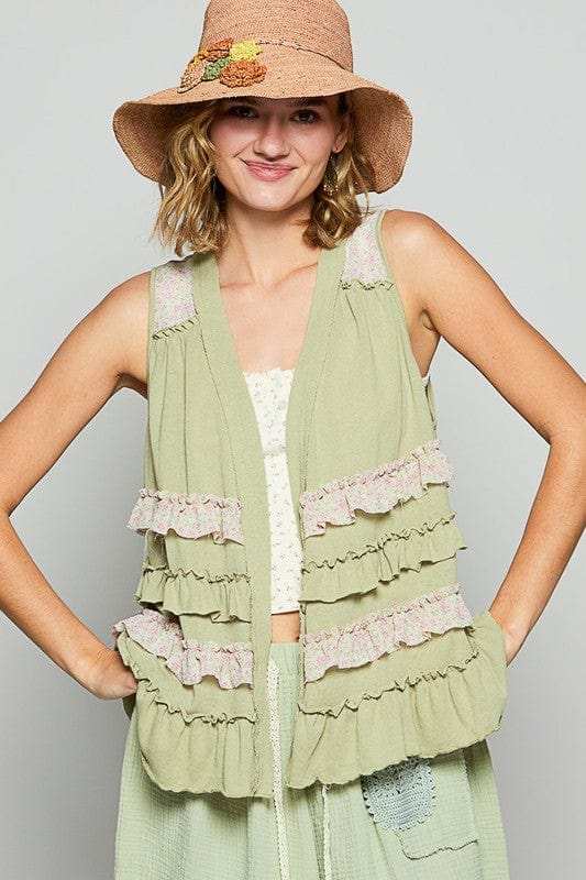 POL Ruffled Open Front Sleeveless Cardigan - Trendsi - Flyclothing LLC