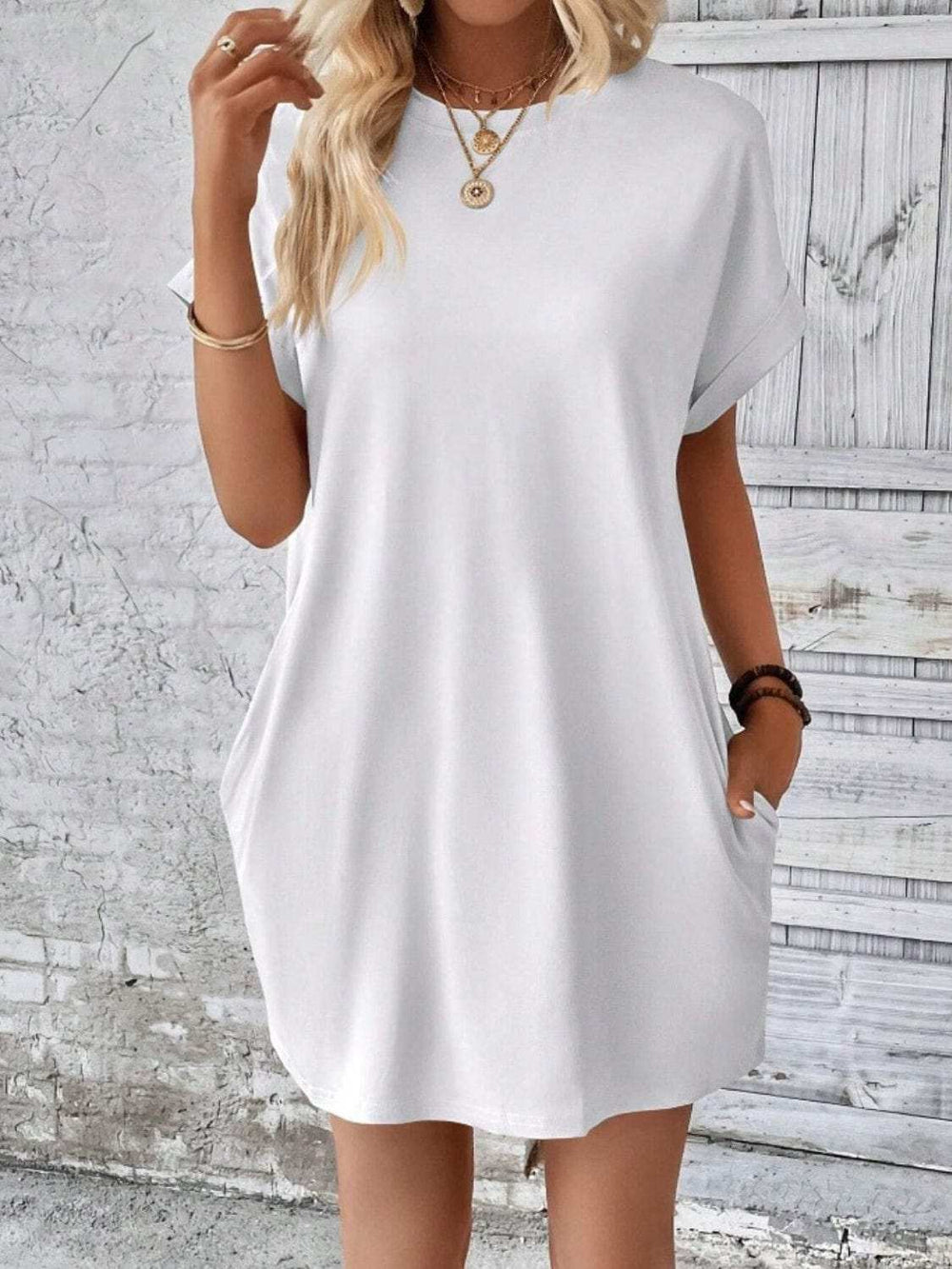 Pocketed Round Neck Short Sleeve Dress - Trendsi - Flyclothing LLC