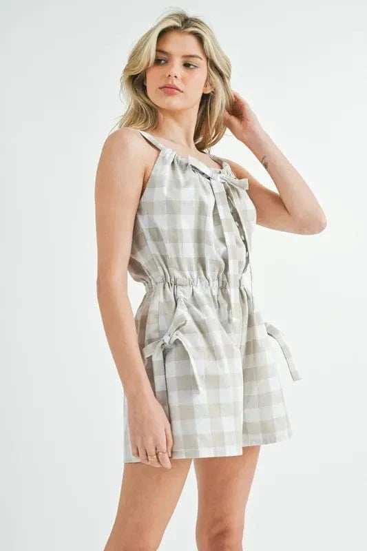 MABLE Plaid Sleeveless Button Down Romper - Trendsi - Flyclothing LLC