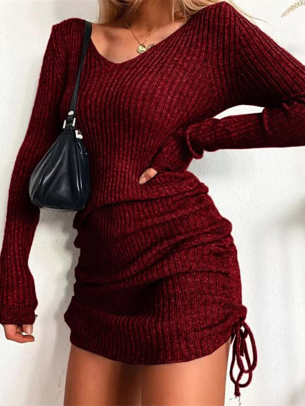 Full Size Ribbed Knit Drawstring Bodycon Sweater Dress Plus Size - Trendsi - Flyclothing LLC