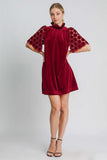 Umgee Dotted Lace Half Sleeve Mock Neck Back Tie Velvet Dress - Trendsi - Flyclothing LLC