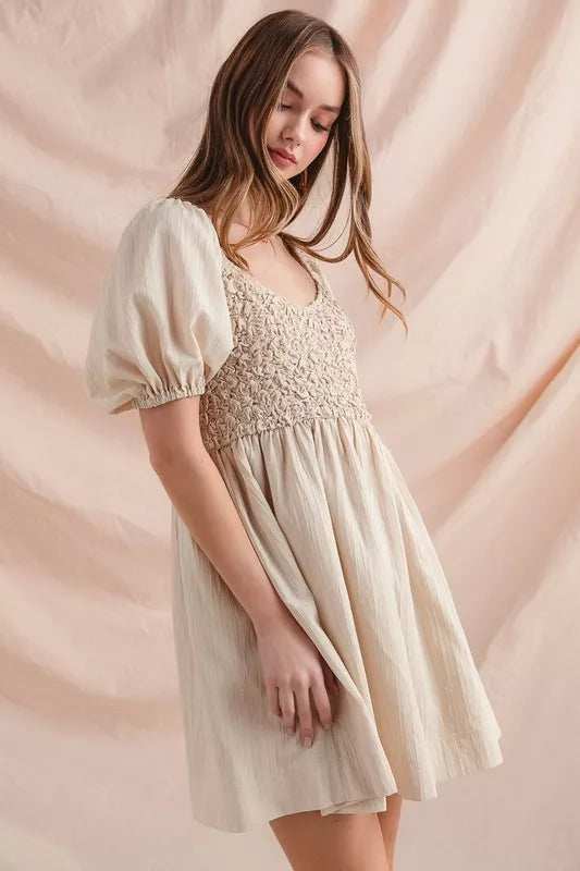 SO ME Textured Woven Daily Dress with Puff Sleeves - Trendsi - Flyclothing LLC