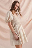 SO ME Textured Woven Daily Dress with Puff Sleeves - Trendsi - Flyclothing LLC