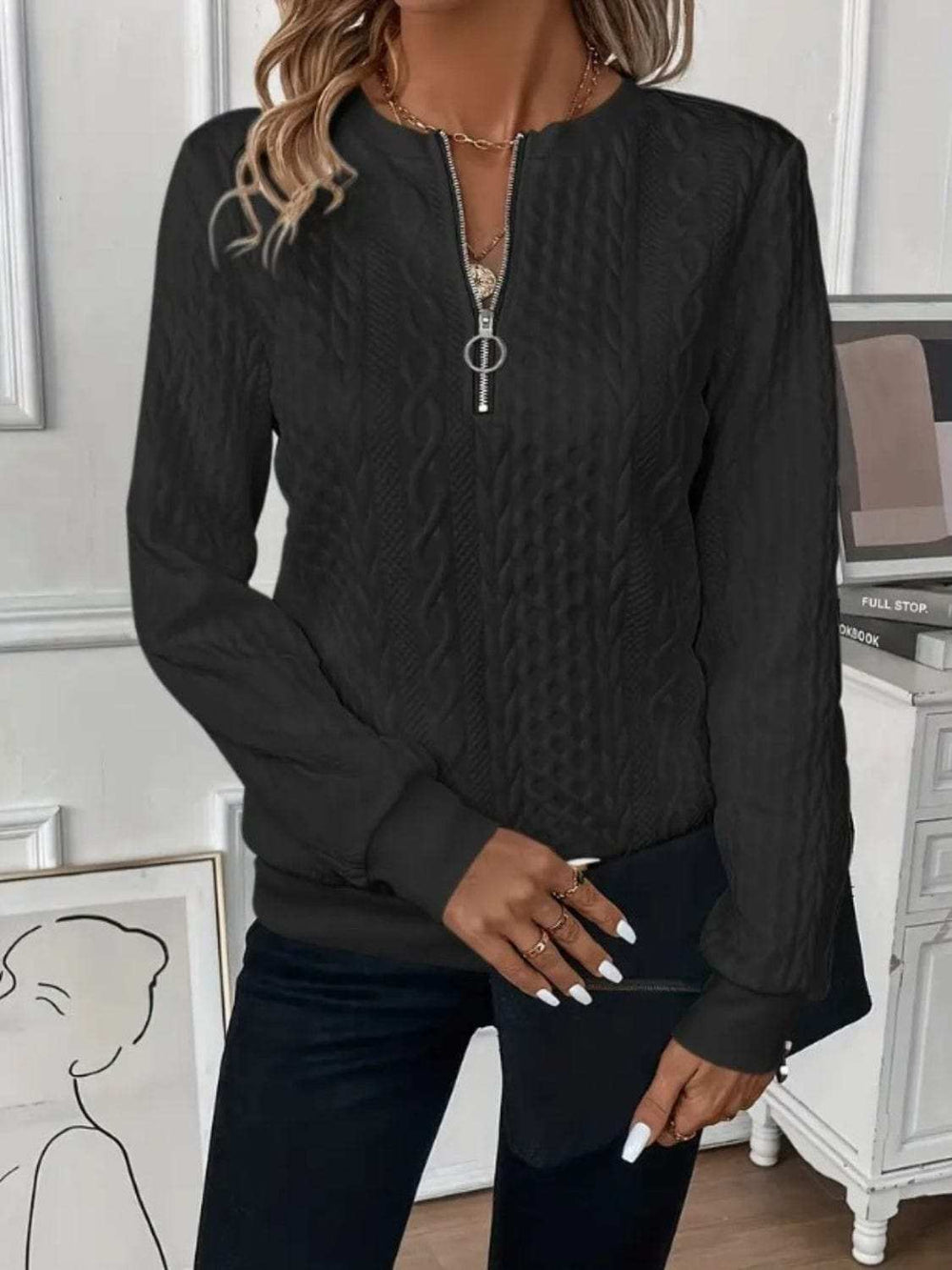 Texture Half Zip Long Sleeve Sweatshirt - Trendsi - Flyclothing LLC