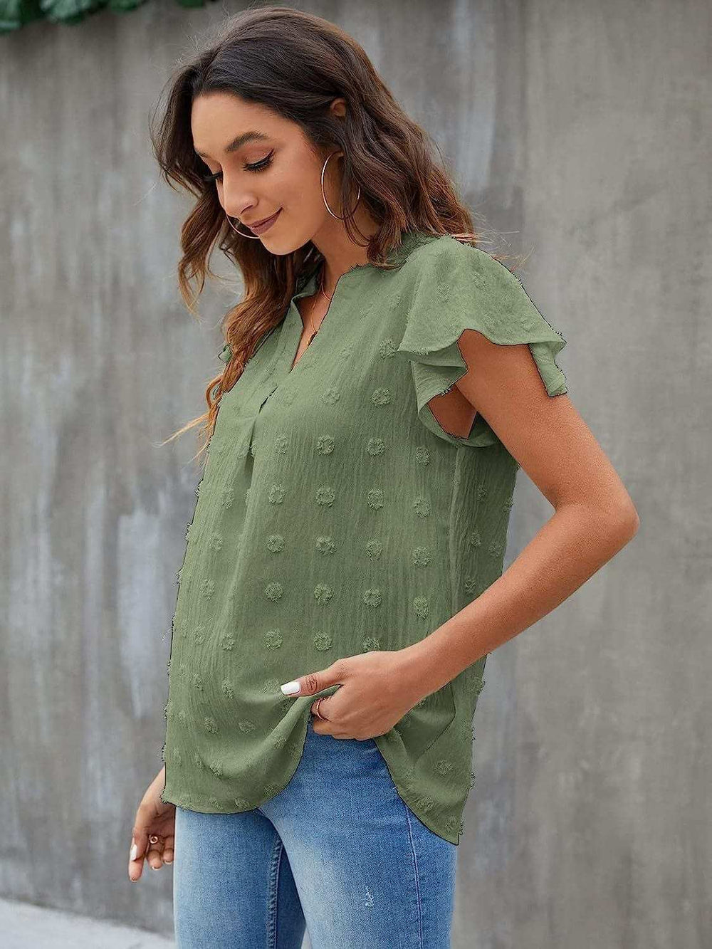 Swiss Dot Notched Cap Sleeve Blouse - Trendsi - Flyclothing LLC