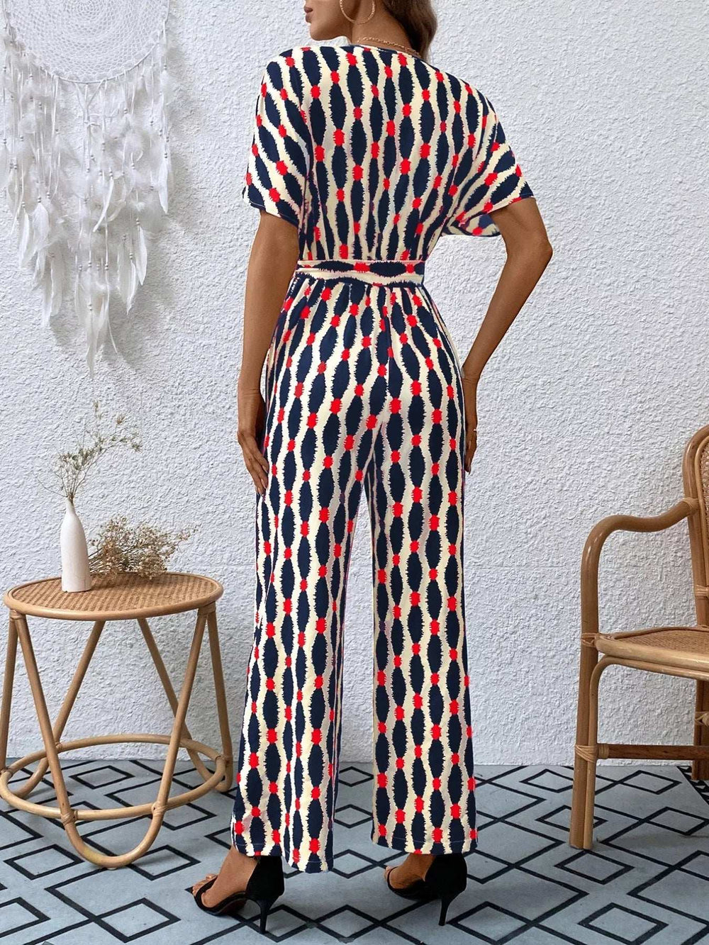 Printed Surplice Tie Waist Short Sleeve Jumpsuit - Trendsi - Flyclothing LLC