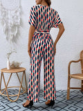 Printed Surplice Tie Waist Short Sleeve Jumpsuit - Trendsi - Flyclothing LLC