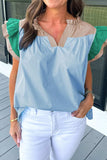 Color Block Notched Ruffled Cap Sleeve Blouse - Trendsi - Flyclothing LLC