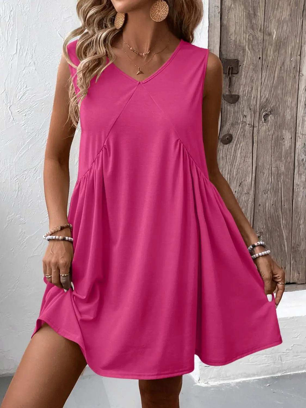 Ivy Lane Ruched V-Neck Sleeveless Mini Dress - Trendsi - Flyclothing LLC