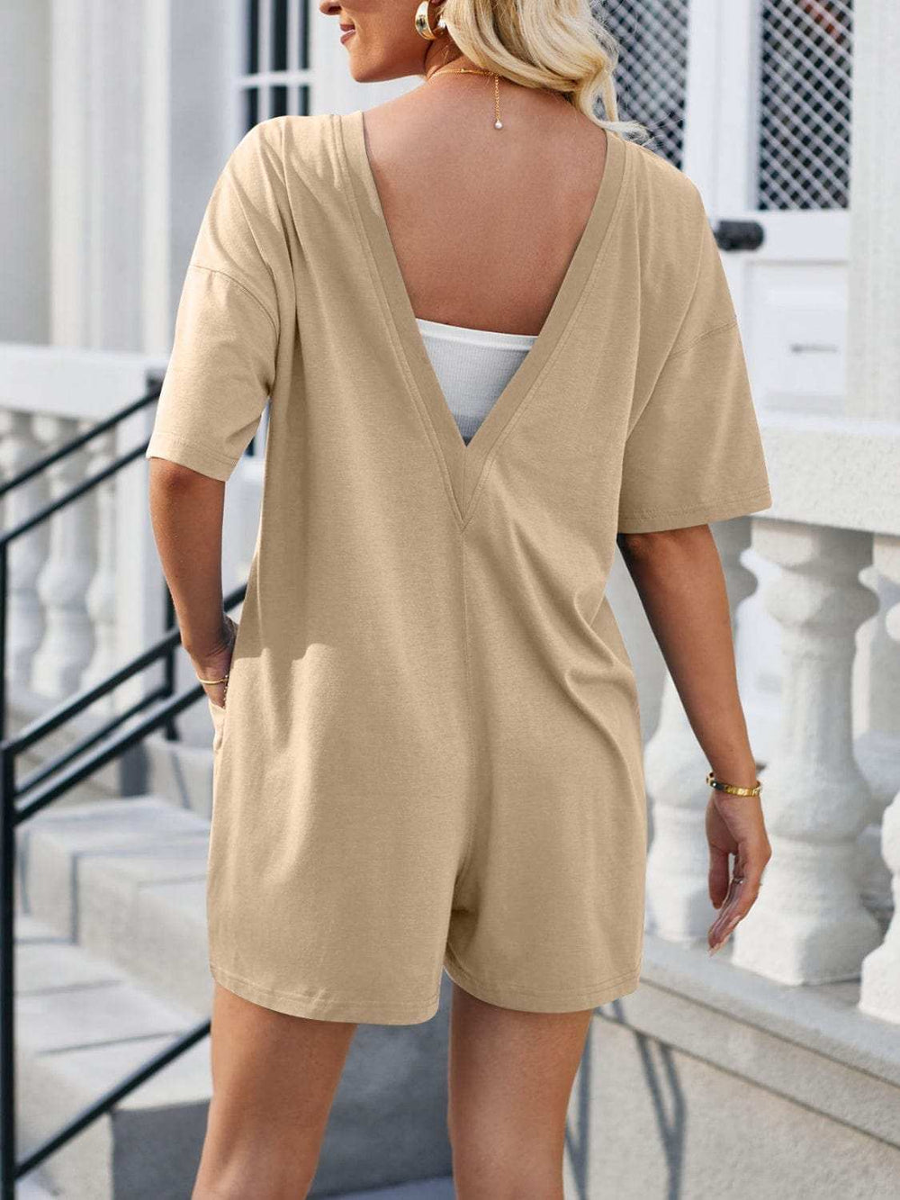 Backless Round Neck Half Sleeve Romper - Trendsi - Flyclothing LLC