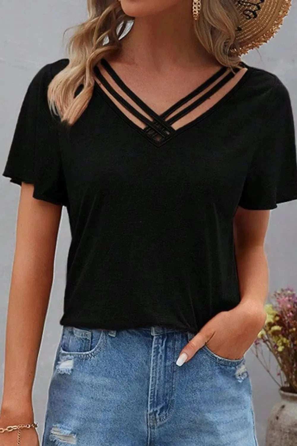 V-Neck Short Sleeve T-Shirt - Trendsi - Flyclothing LLC