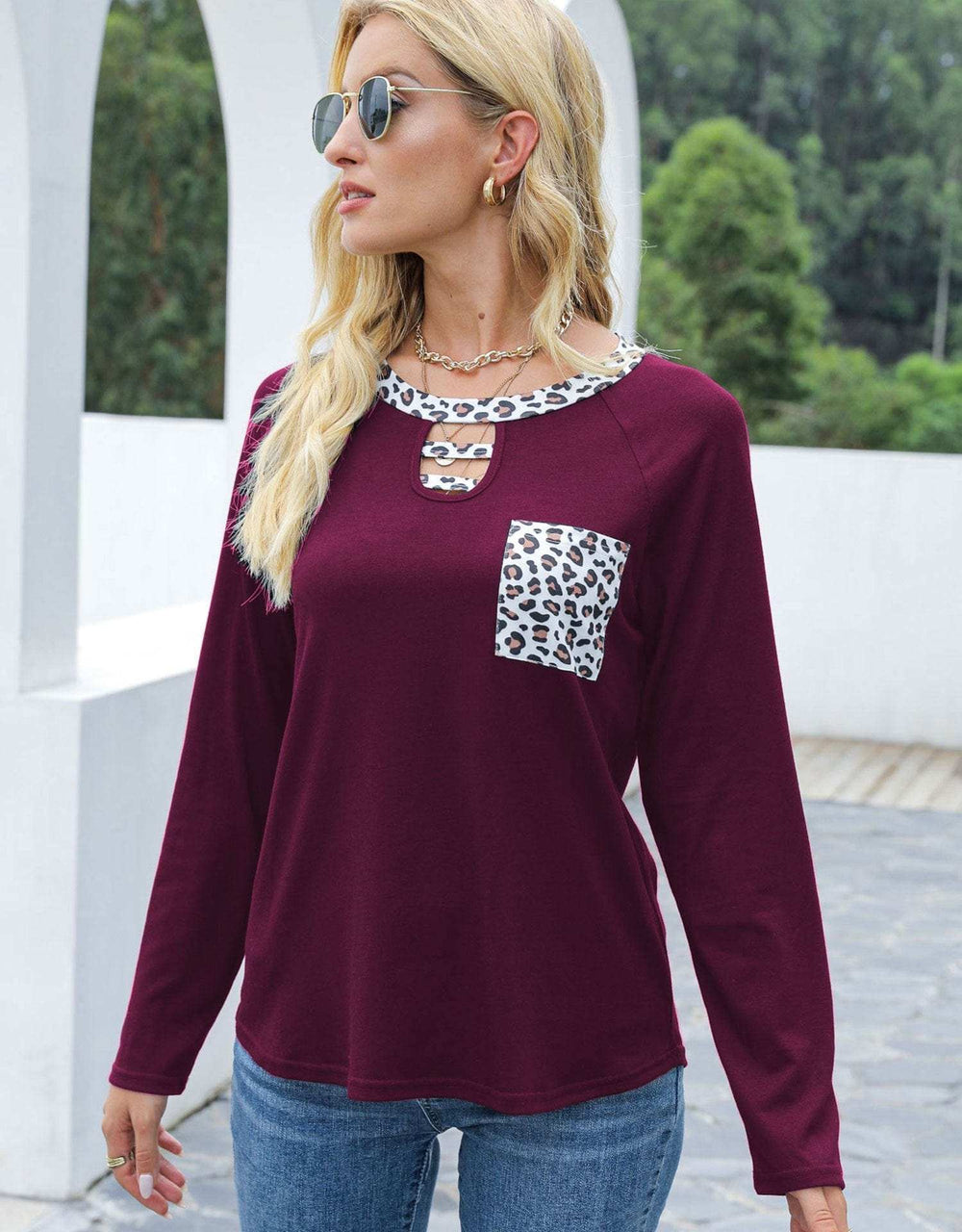 Cutout Leopard Round Neck Long Sleeve T-Shirt - Trendsi - Flyclothing LLC