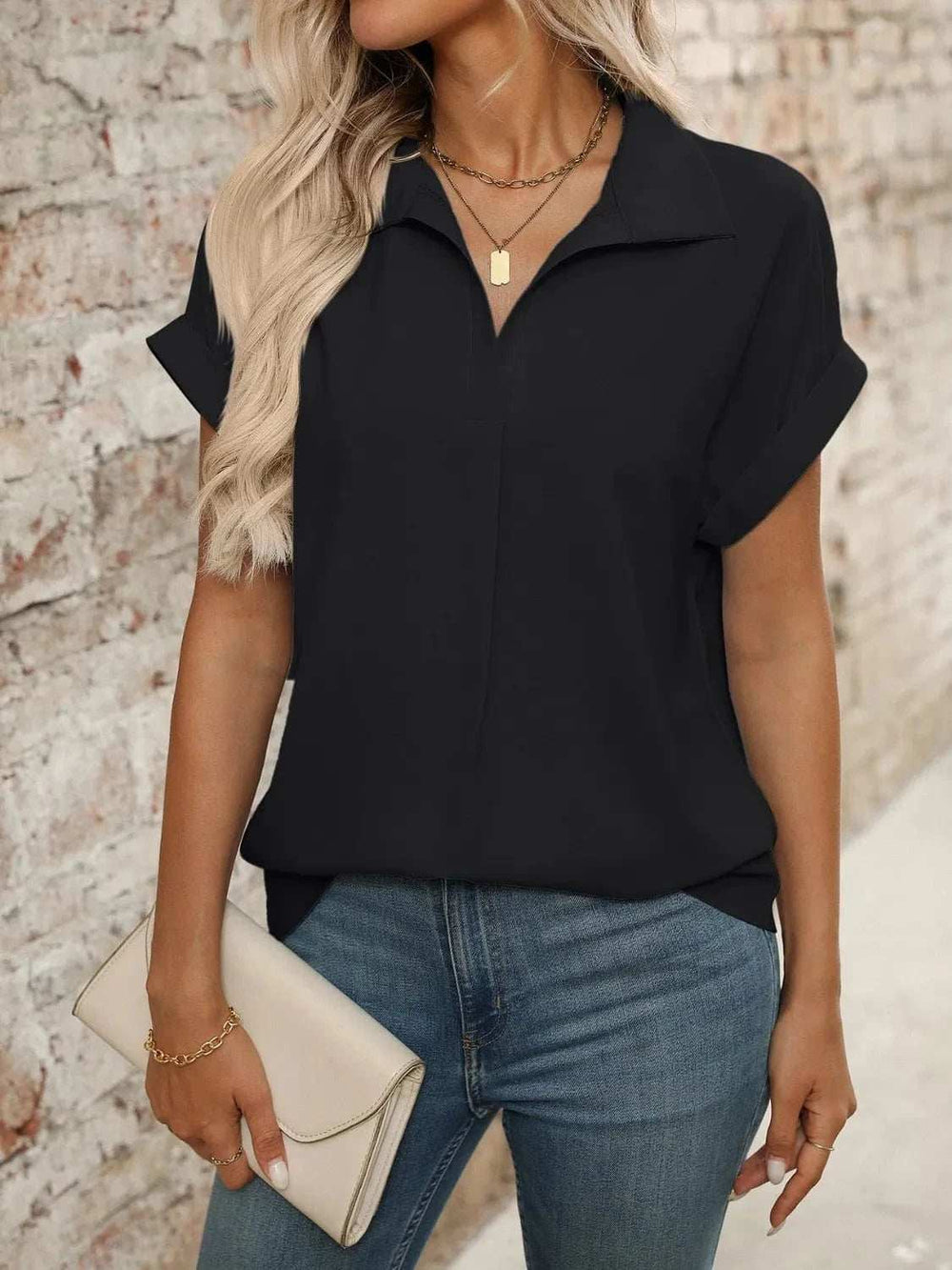 Collared Neck Short Sleeve Blouse - Trendsi - Flyclothing LLC