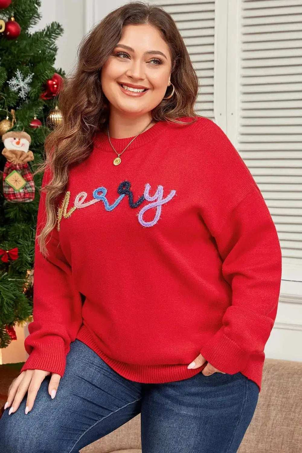 Plus Size MERRY Round Neck Long Sleeve Sweater - Trendsi - Flyclothing LLC