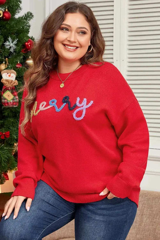 Plus Size MERRY Round Neck Long Sleeve Sweater - Trendsi - Flyclothing LLC
