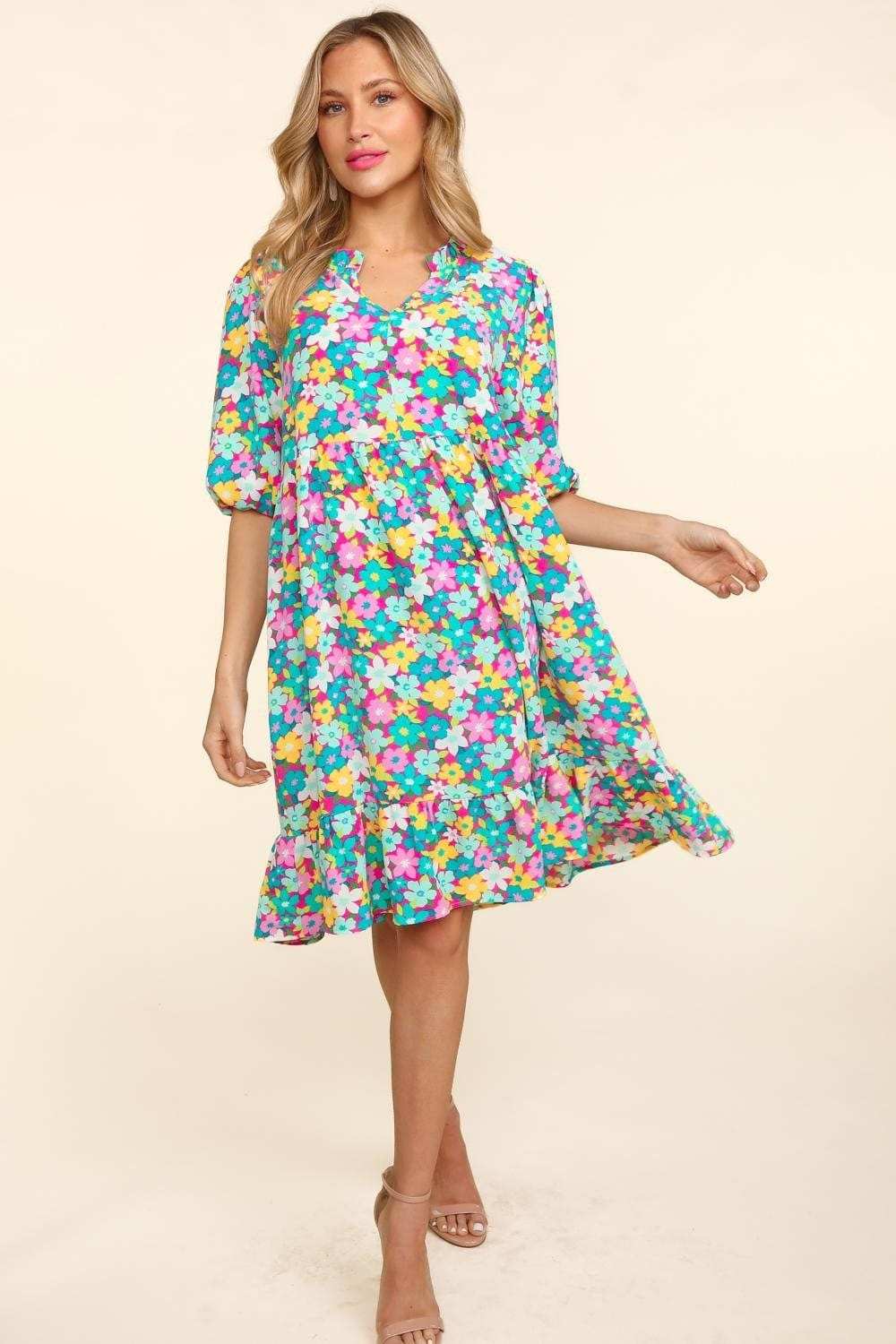 Haptics Bubble Sleeve Floral Ruffled Dress - Trendsi - Flyclothing LLC