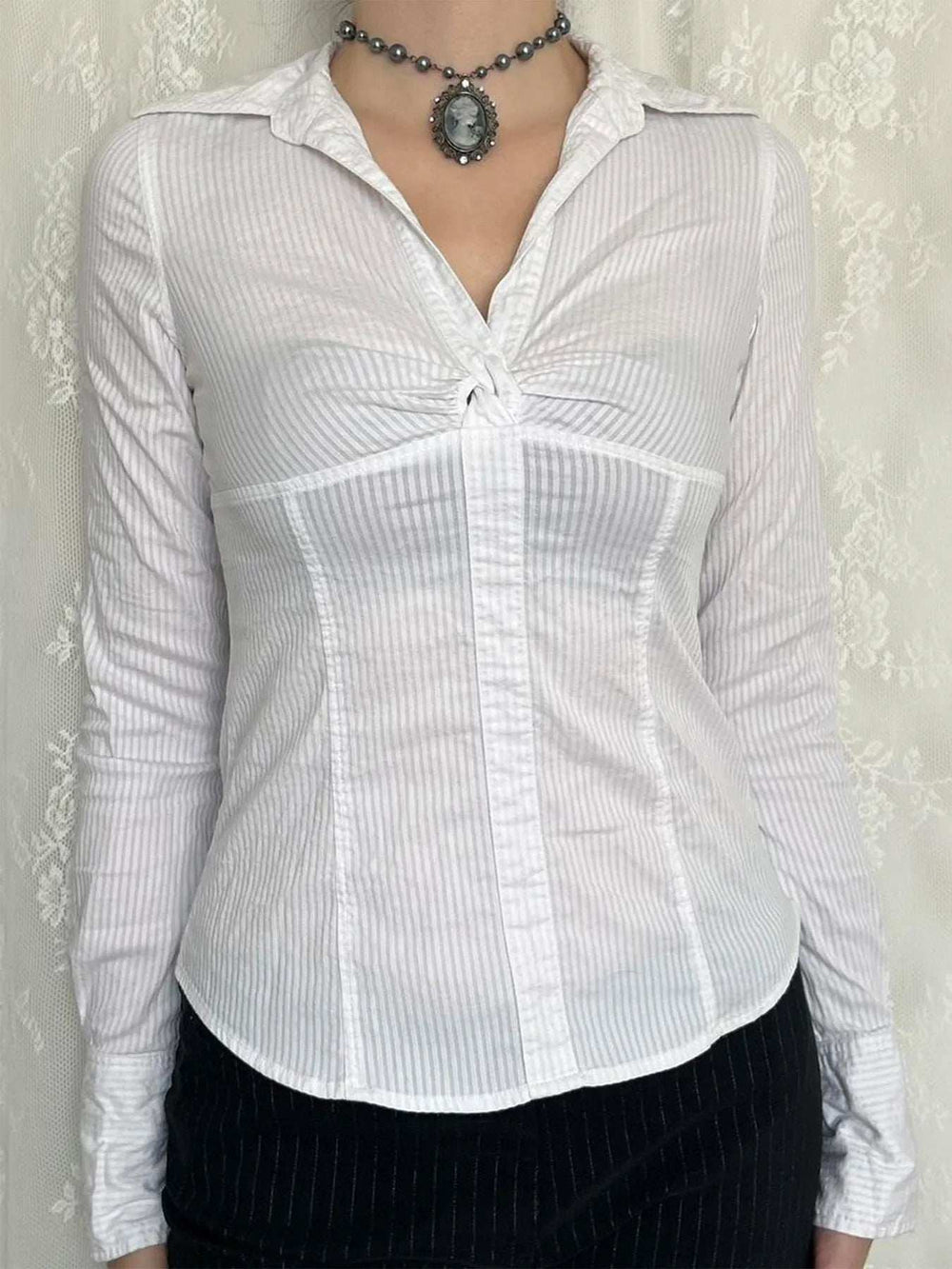 Ruched Striped Collared Neck Long Sleeve Shirt - Trendsi - Flyclothing LLC