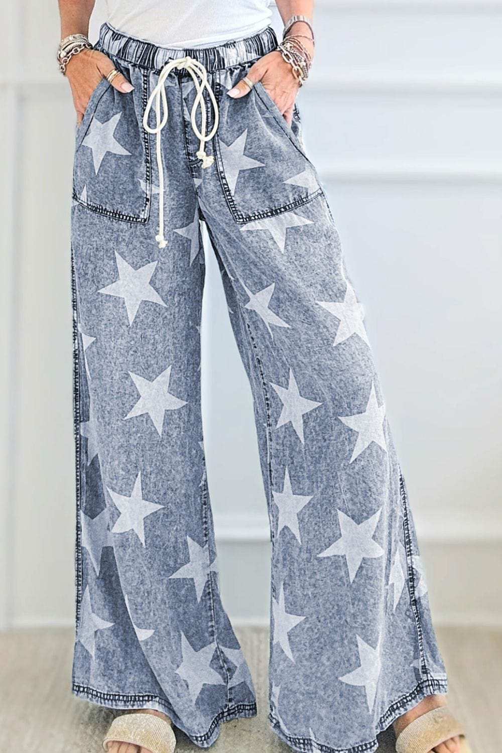 Star Print Washed Drawstring High Waist Wide Leg Jeans - Trendsi - Flyclothing LLC