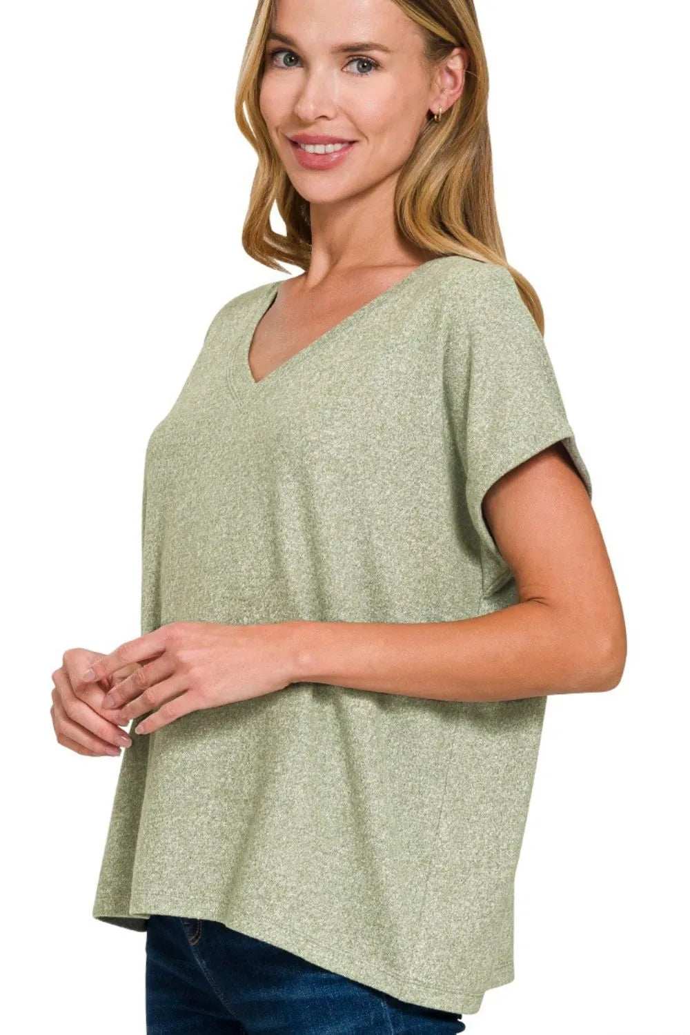 Zenana Soft Melange Hacci V-neck Tee - Trendsi - Flyclothing LLC