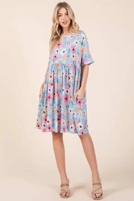 BOMBOM Floral Shirred Dress with Pockets - Trendsi - Flyclothing LLC