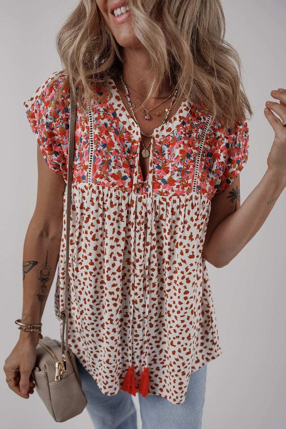 Printed Floral Embroidery Tie Neck Blouse - Trendsi - Flyclothing LLC