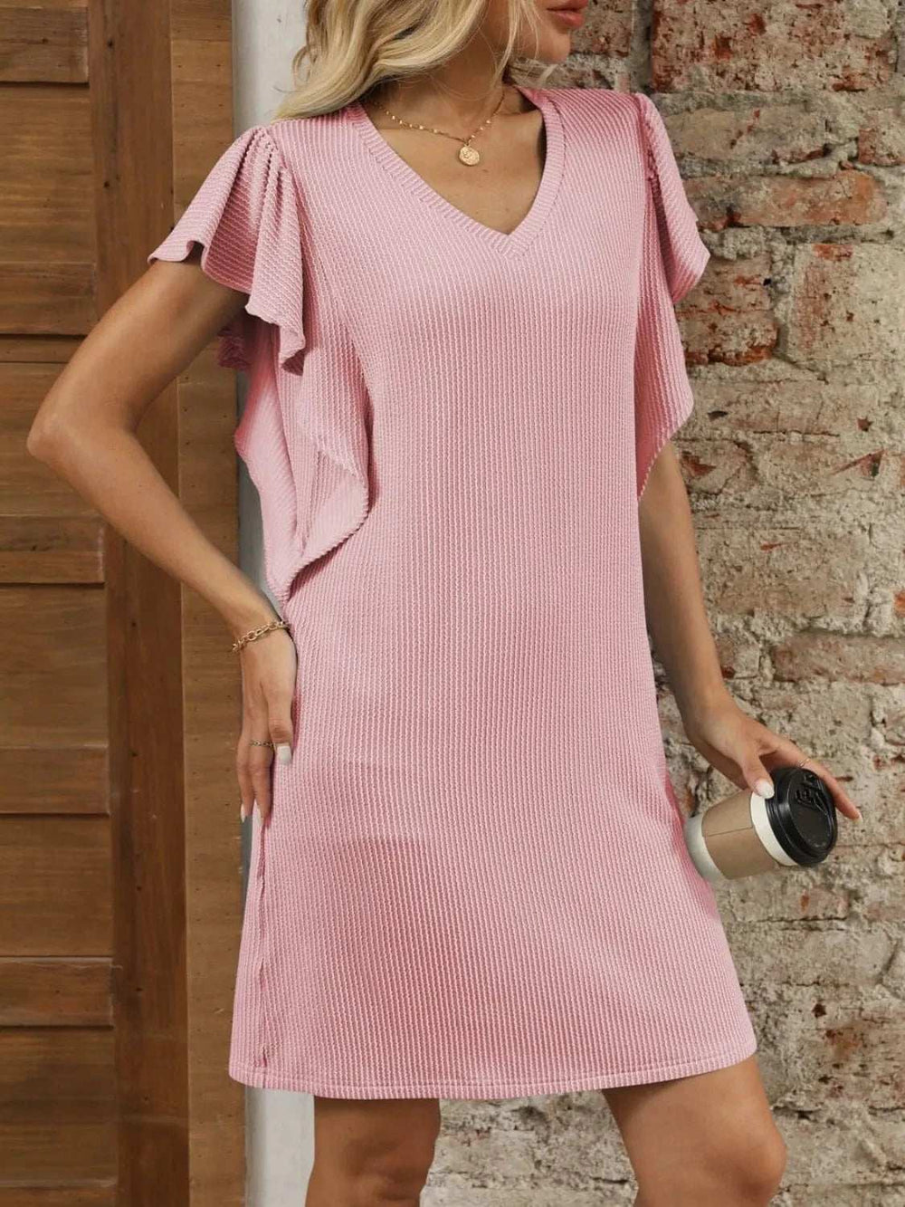 Ruffled V-Neck Cap Sleeve Mini Dress - Trendsi - Flyclothing LLC