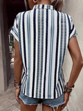 Striped Notched Short Sleeve Shirt - Trendsi - Flyclothing LLC