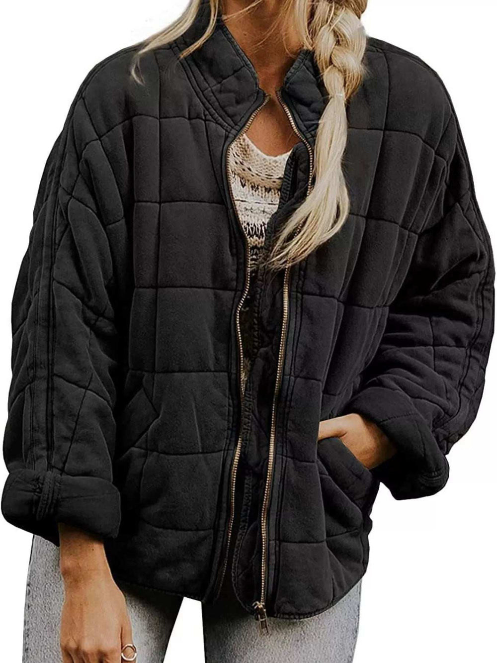 Full Size Zip Up Quilted Bomber Jacket Plus Size - Trendsi - Flyclothing LLC