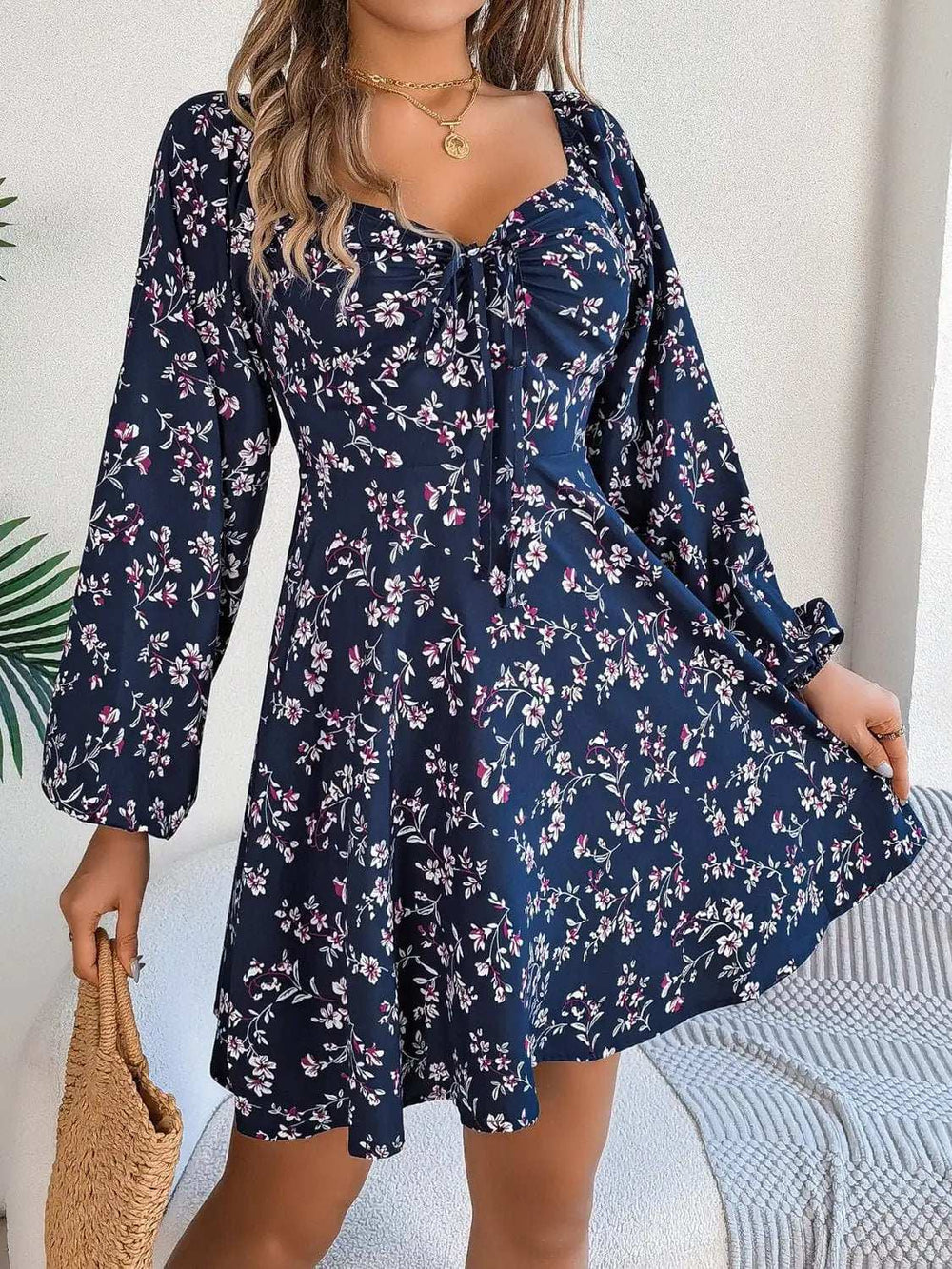 Printed Sweetheart Neck Balloon Sleeve Mini Dress - Trendsi - Flyclothing LLC