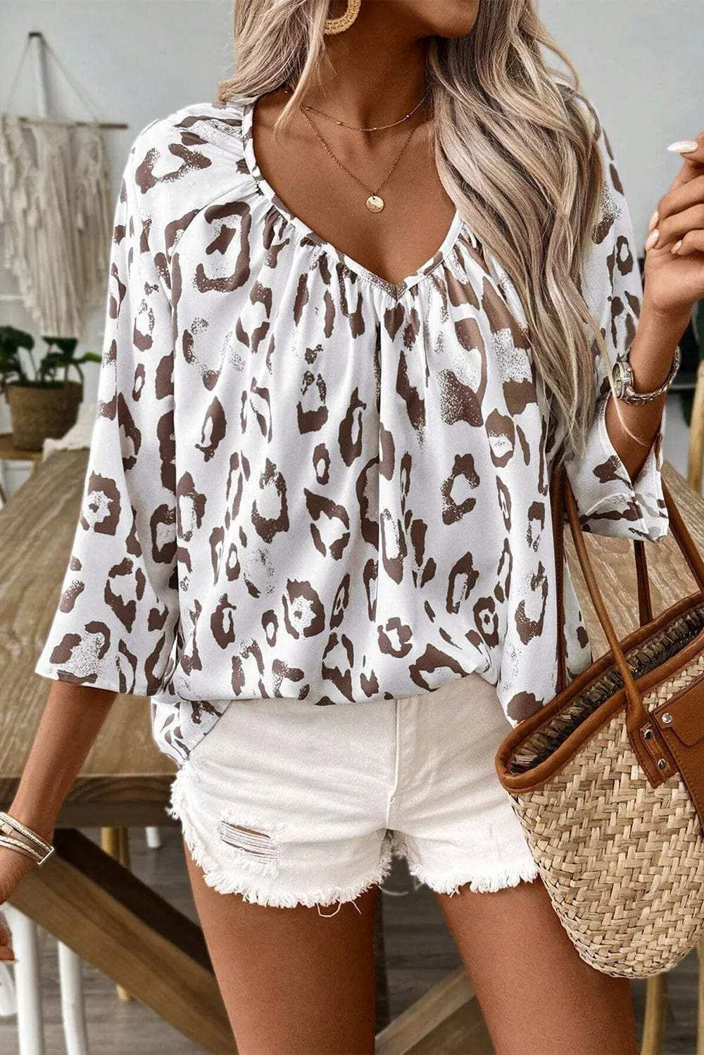 Leopard V-Neck Three-Quarter Sleeve Blouse - Trendsi - Flyclothing LLC