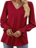V-Neck Long Sleeve Ruffle Cuff Blouse - Trendsi - Flyclothing LLC