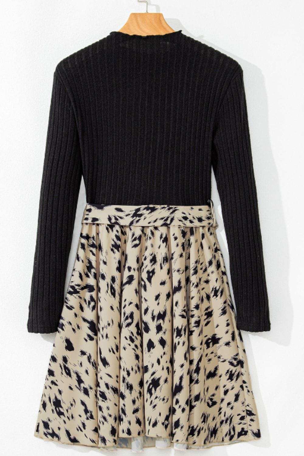 Printed Tie Waist Mock Neck Long Sleeve Dress - Trendsi - Flyclothing LLC