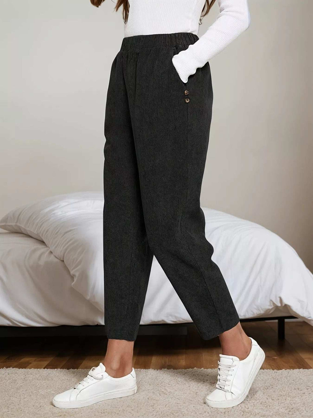 Corduroy Elastic Waist Cropped Pants - Trendsi - Flyclothing LLC